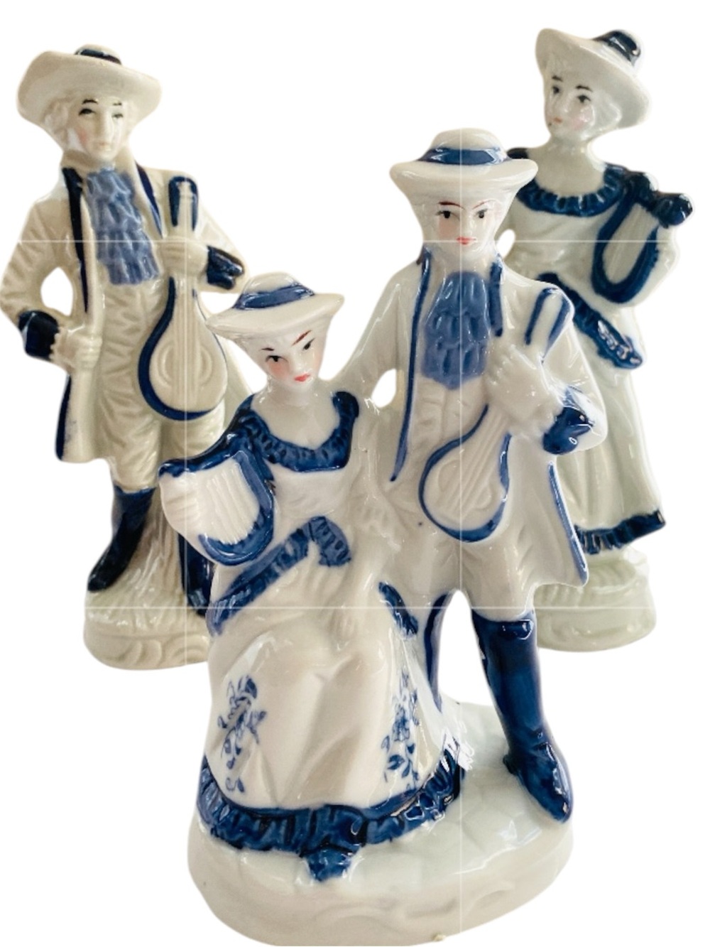 Vintage Blue and White Porcelain Victorian Musical Couple Figurines Set Of 3